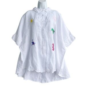 MOMENT Italy Boxy Linen Boho Tunic Top Shirt One Size White Embroidered Hippie